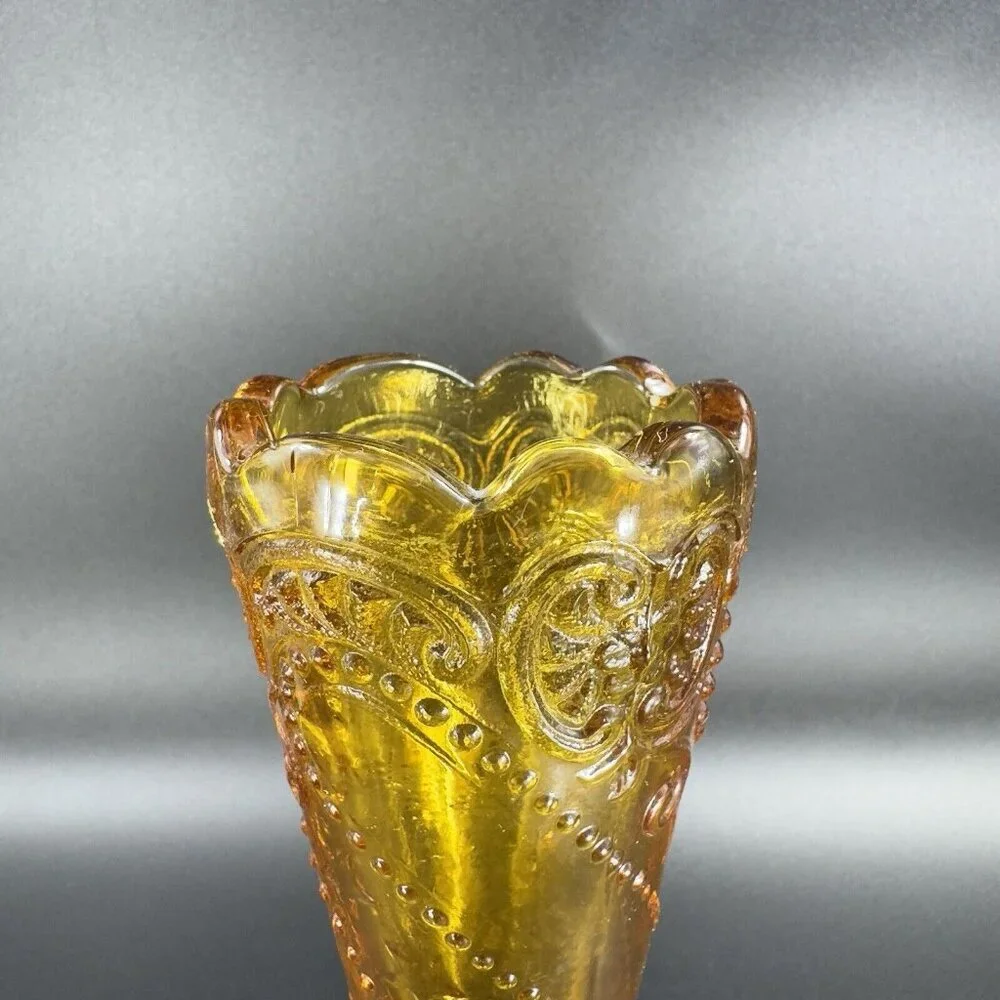 Vintage Mid Century Amber Glass Bud Vase Beaded Wavy Edges Glass‎ Vase VTG Decor